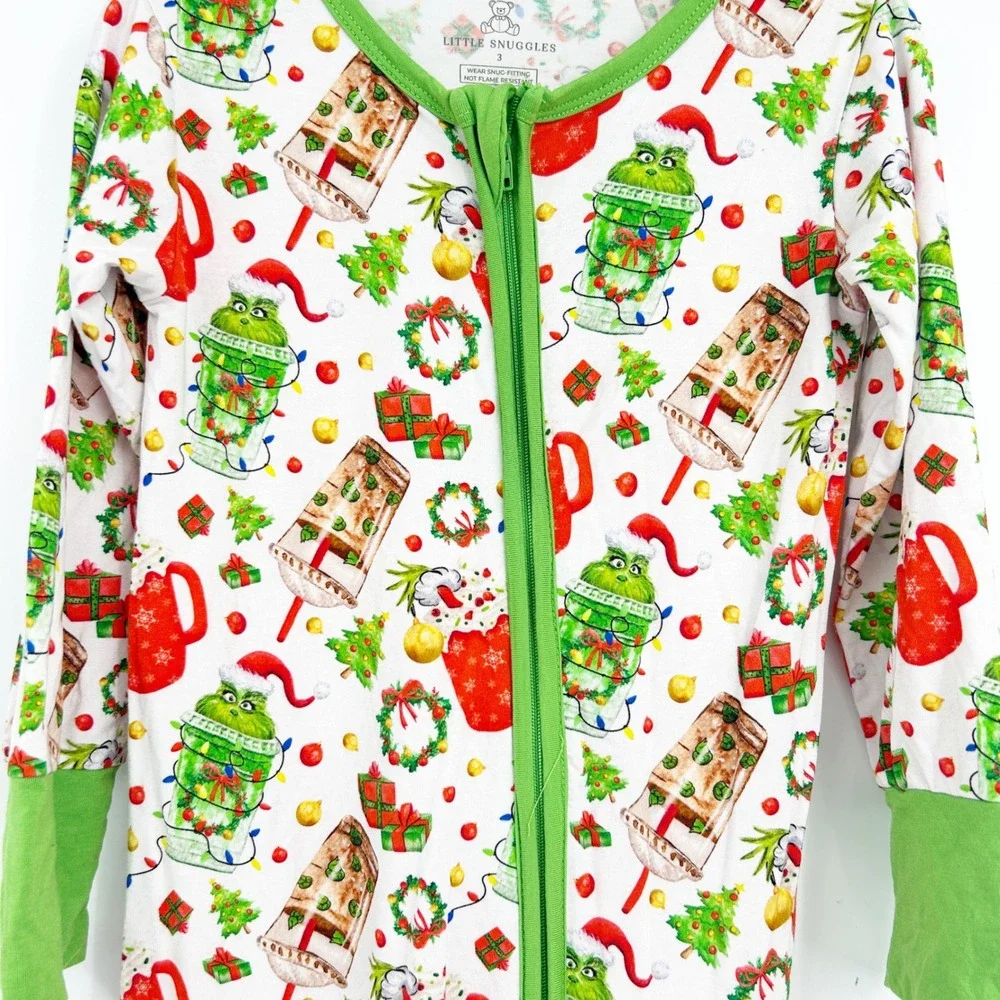 Little Snuggles Kids Christmas‎ Grinch Bamboo Zipper Holiday Pajamas Size 3